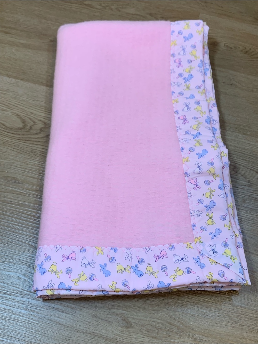 Vintage ESMOND Acrylic Pink Baby Blanket Nylon Satin Trim Bunny Rattle Thermal